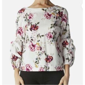 White House Black Market • Multi Floral Lantern Sleeve Blouse Sz 4 Ivory Womens